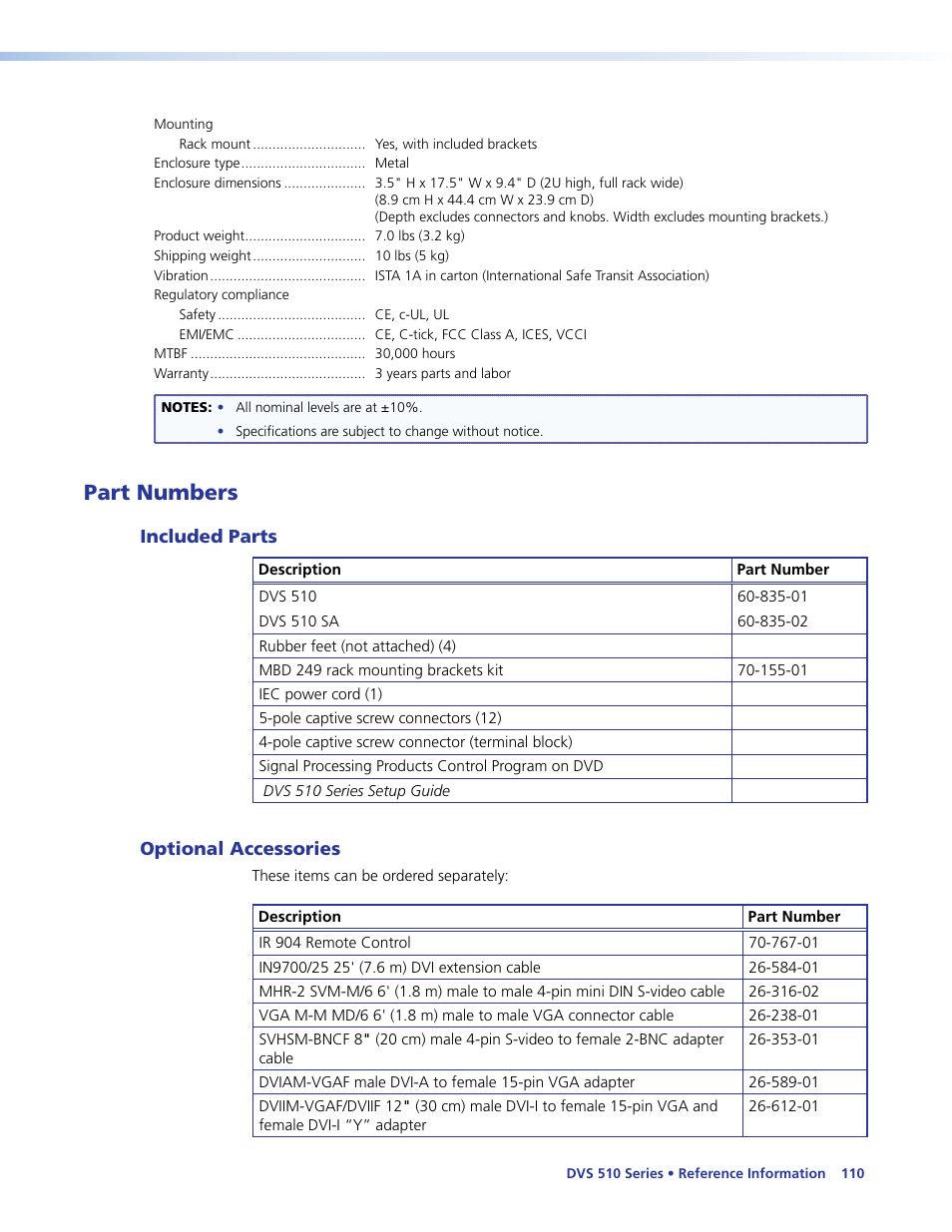 Part numbers, Included parts, Optional accessories | Included parts optional accessories | Extron Electronics DVS 510 Series User Guide User Manual | Page 116 / 128