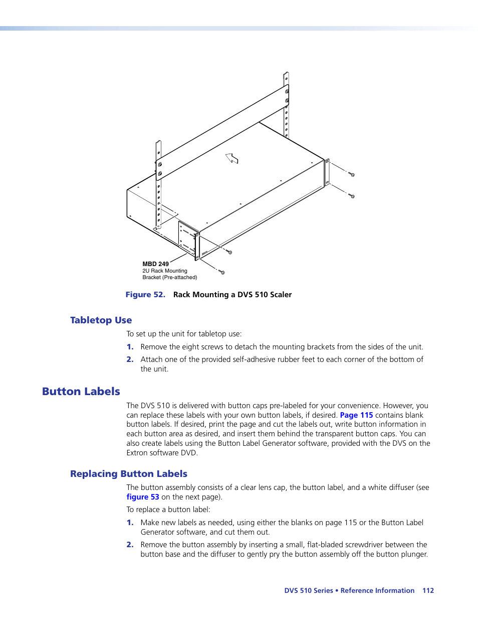 Tabletop use, Button labels, Replacing button labels | Extron Electronics DVS 510 Series User Guide User Manual | Page 118 / 128