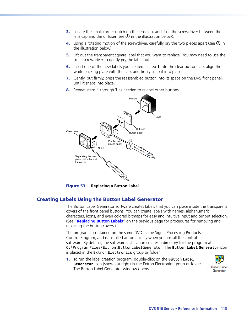 Creating labels using the button label generator, Creating labels using the button label, Generator | Extron Electronics DVS 510 Series User Guide User Manual | Page 119 / 128