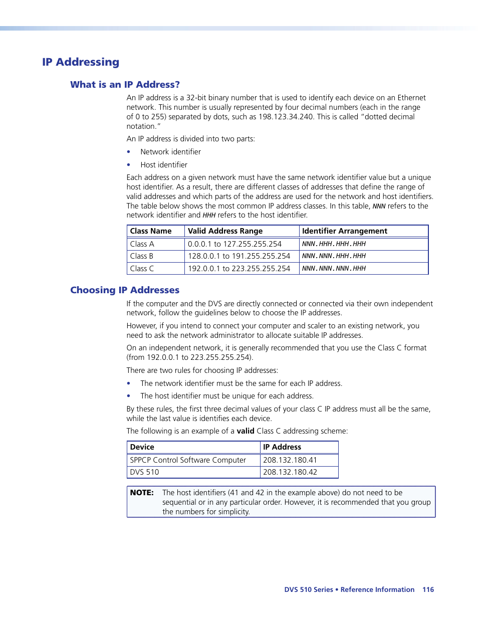 Ip addressing, What is an ip address, Choosing ip addresses | What is an ip address? choosing ip addresses, The ping (icmp) utility (see, Opriate link on the left sidebar menu. (see | Extron Electronics DVS 510 Series User Guide User Manual | Page 122 / 128