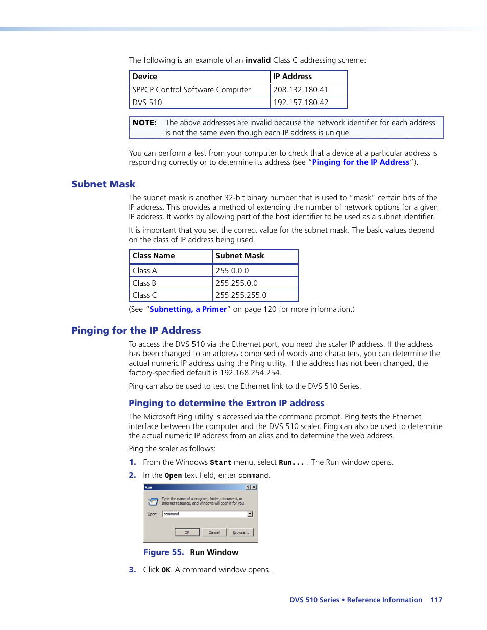 Subnet mask, Pinging for the ip address, Subnet mask pinging for the ip address | Extron Electronics DVS 510 Series User Guide User Manual | Page 123 / 128