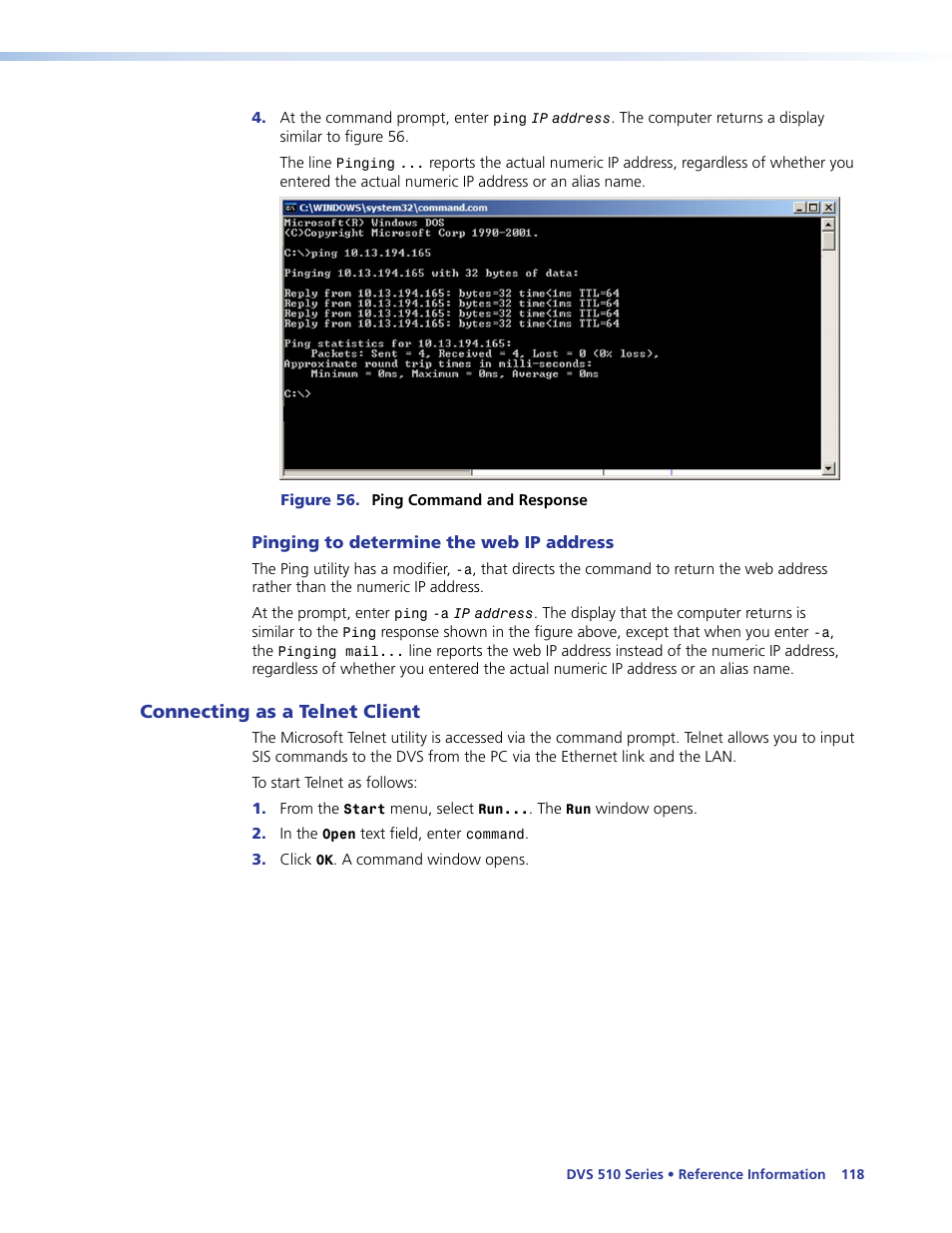 Connecting as a telnet client | Extron Electronics DVS 510 Series User Guide User Manual | Page 124 / 128