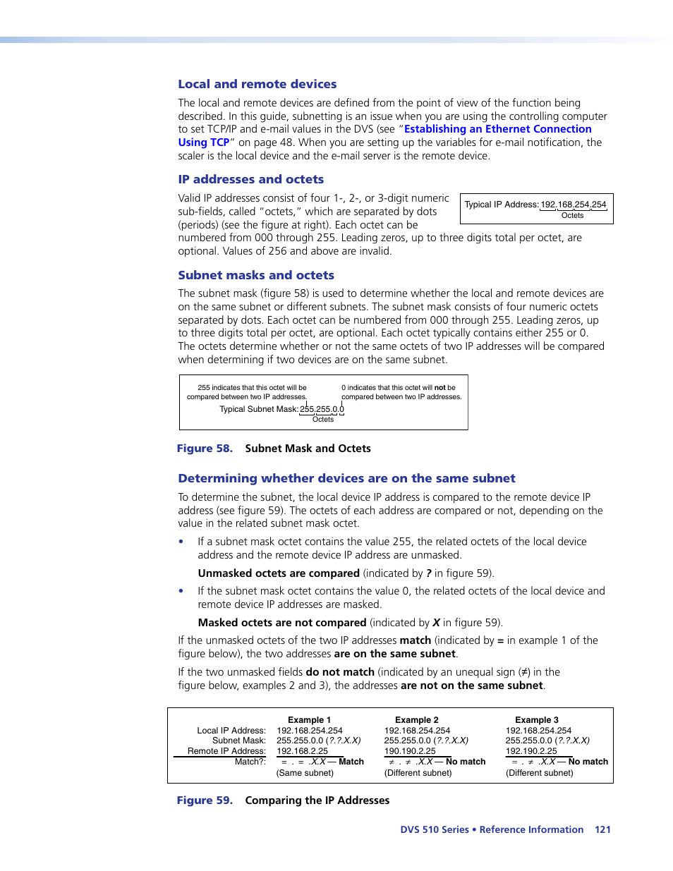 Local and remote devices, Ip addresses and octets, Subnet masks and octets | Determining whether devices are on the same subnet | Extron Electronics DVS 510 Series User Guide User Manual | Page 127 / 128