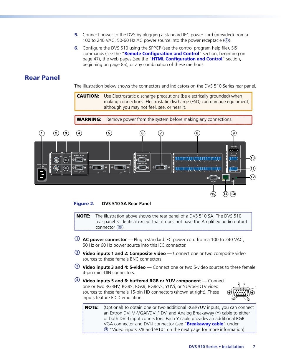 Rear panel, On the, Rear panel diagram | Dvs 510 series • installation 7 | Extron Electronics DVS 510 Series User Guide User Manual | Page 13 / 128