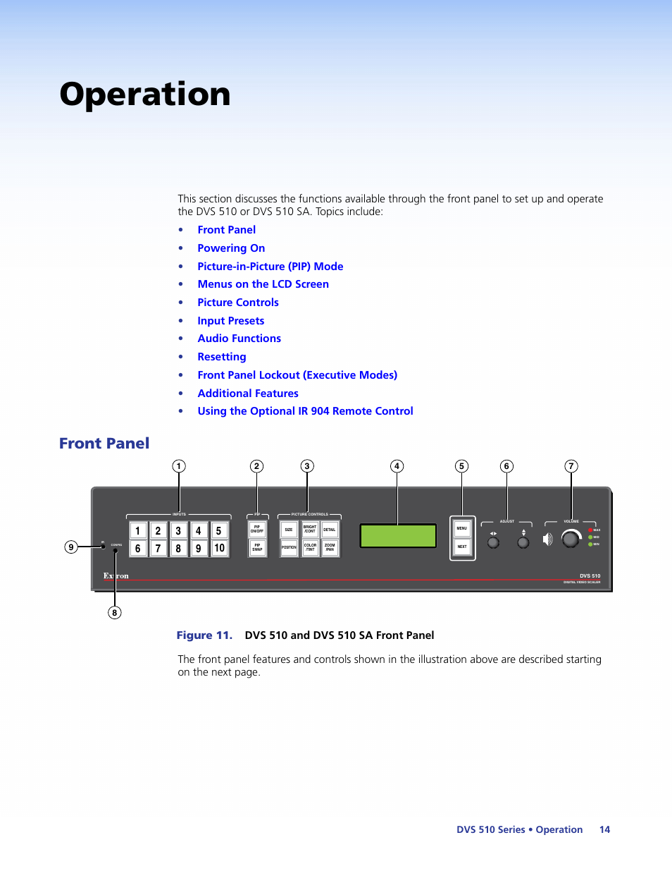 Operation, Front panel | Extron Electronics DVS 510 Series User Guide User Manual | Page 20 / 128