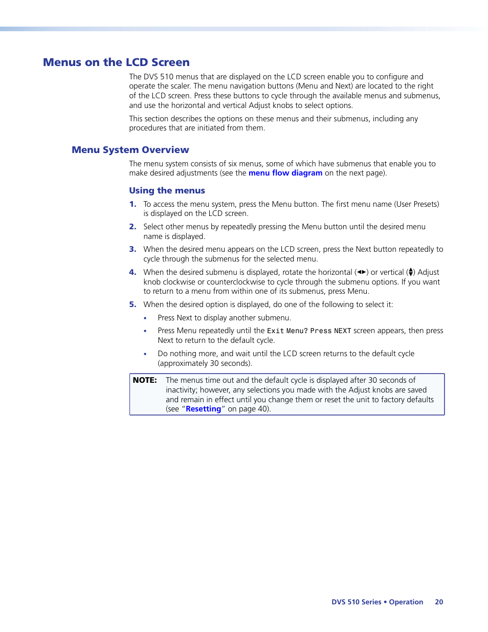 Menus on the lcd screen, Menu system overview | Extron Electronics DVS 510 Series User Guide User Manual | Page 26 / 128