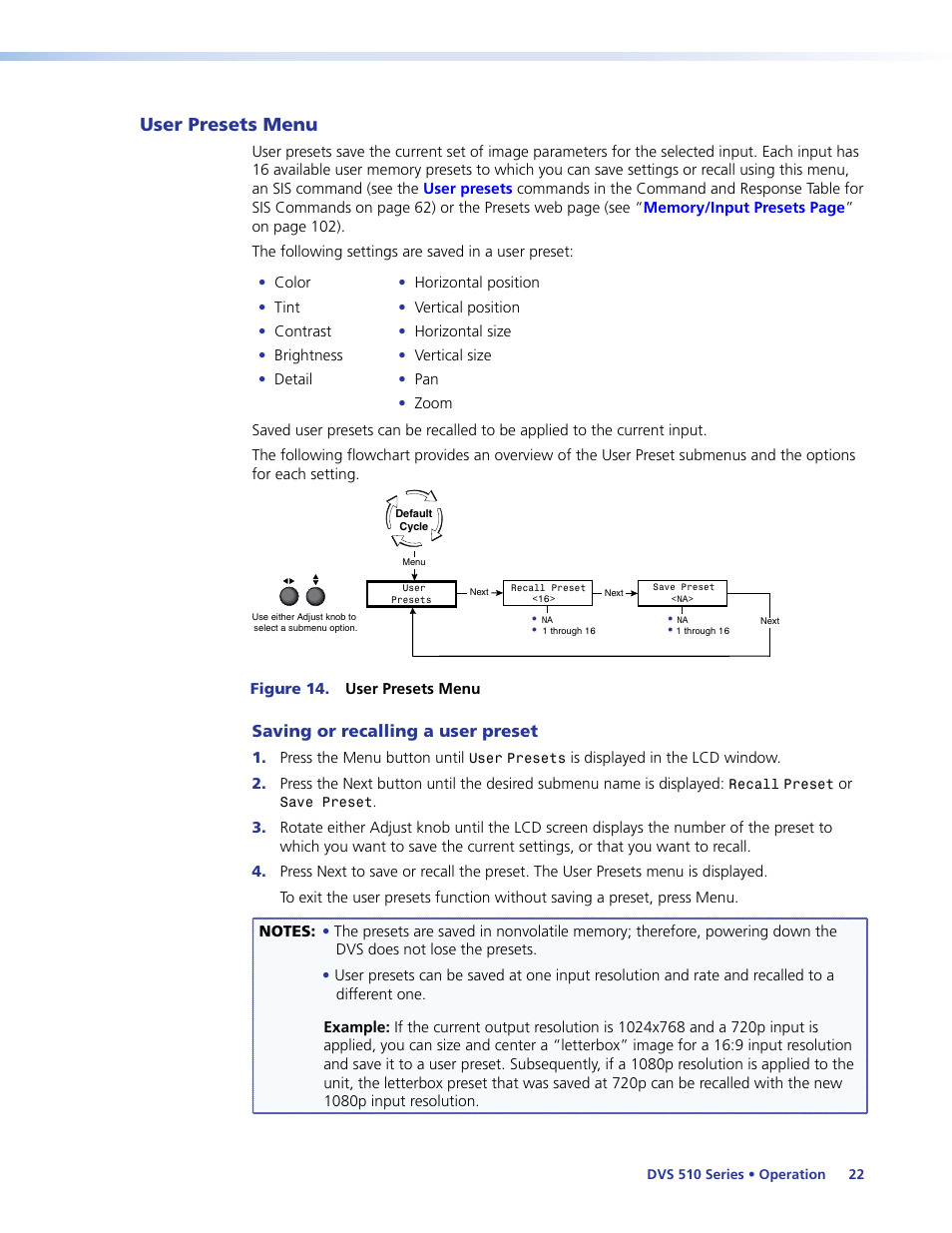 User presets menu, Saving or recalling a user preset | Extron Electronics DVS 510 Series User Guide User Manual | Page 28 / 128