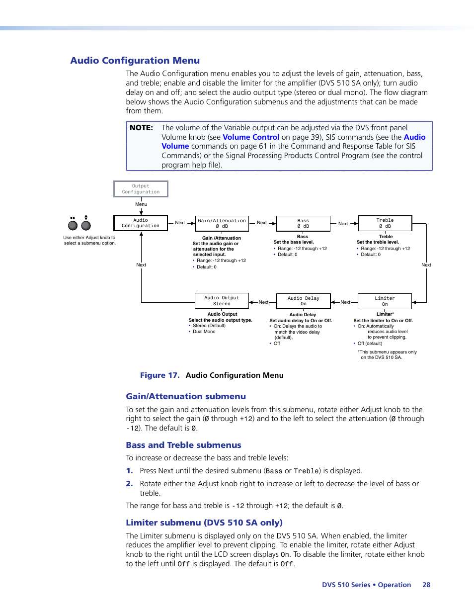 Audio configuration menu, Gain/attenuation submenu, Bass and treble submenus | Limiter submenu (dvs 510 sa only) | Extron Electronics DVS 510 Series User Guide User Manual | Page 34 / 128