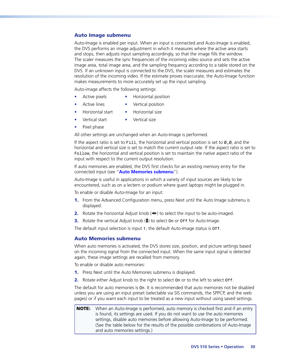 Auto image submenu | Extron Electronics DVS 510 Series User Guide User Manual | Page 36 / 128