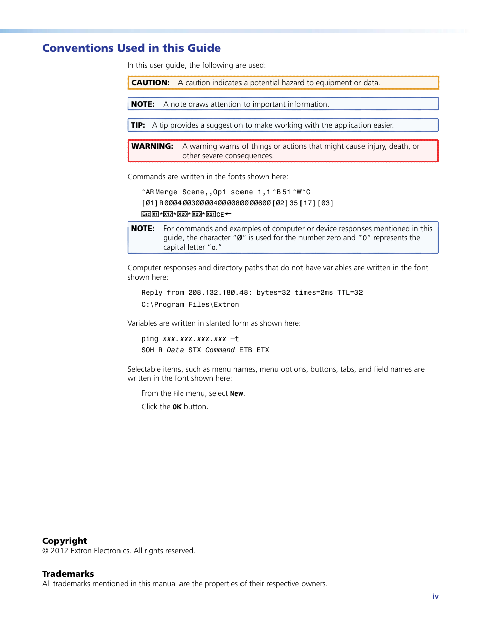 Conventions used in this guide | Extron Electronics DVS 510 Series User Guide User Manual | Page 4 / 128