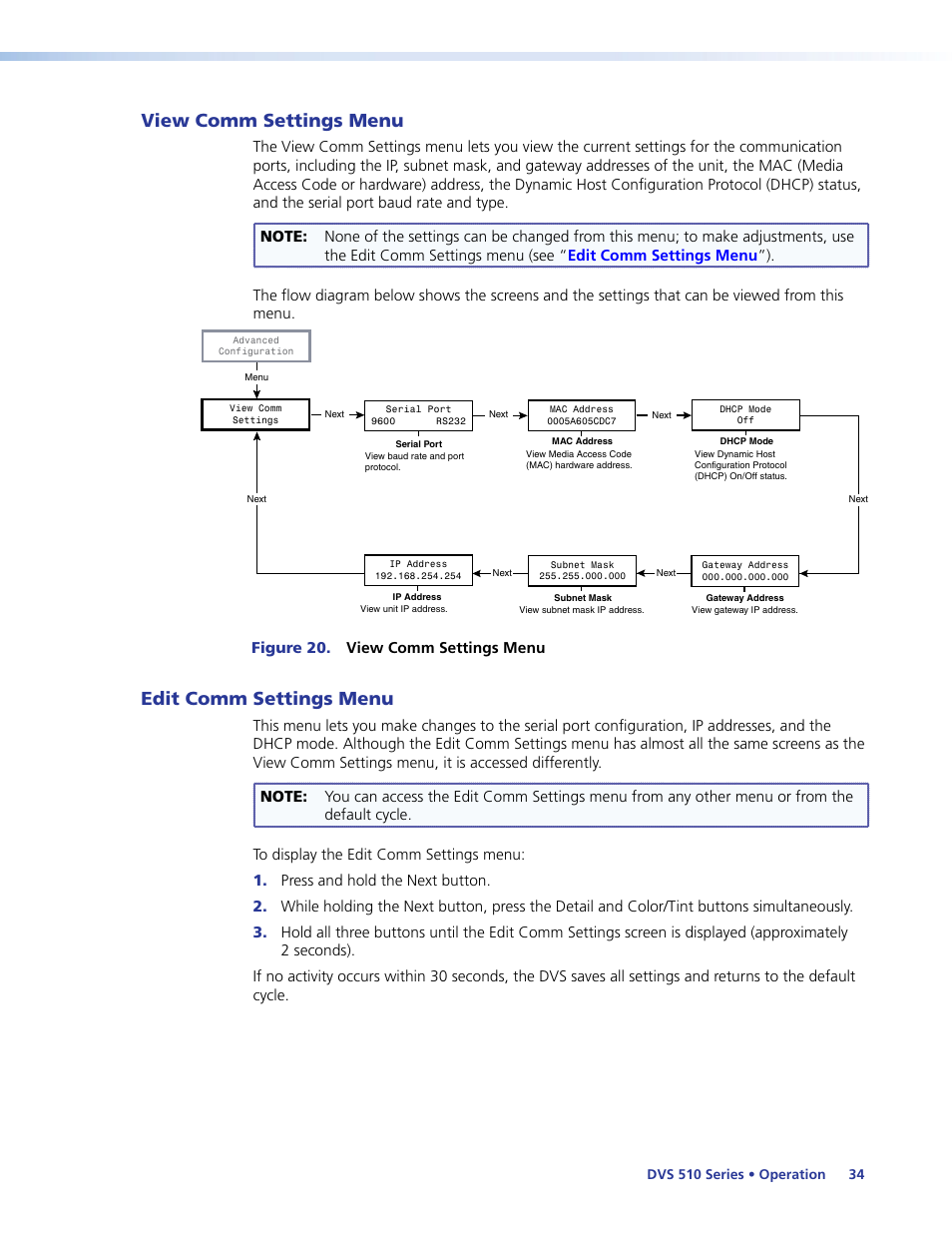 View comm settings menu, Edit comm settings menu, View comm settings menu edit comm settings menu | Figure 20. view comm settings menu | Extron Electronics DVS 510 Series User Guide User Manual | Page 40 / 128