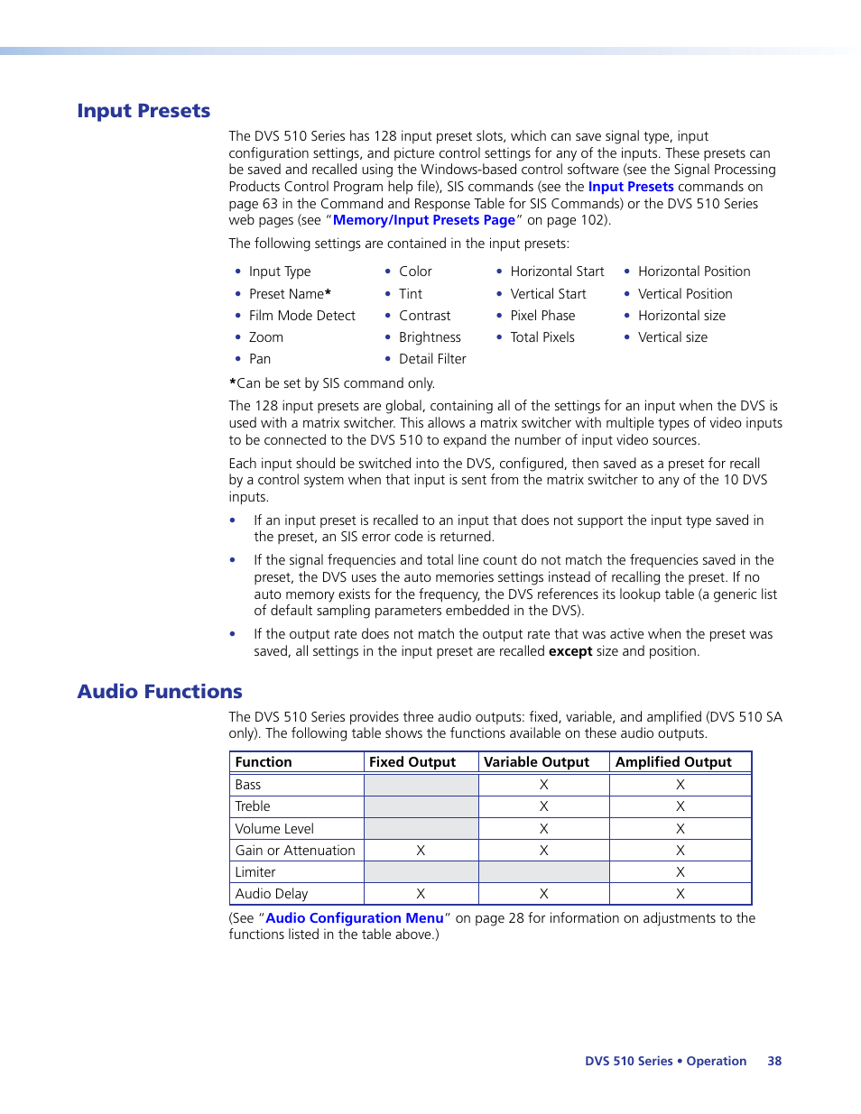 Input presets, Audio functions, Input presets audio functions | Extron Electronics DVS 510 Series User Guide User Manual | Page 44 / 128