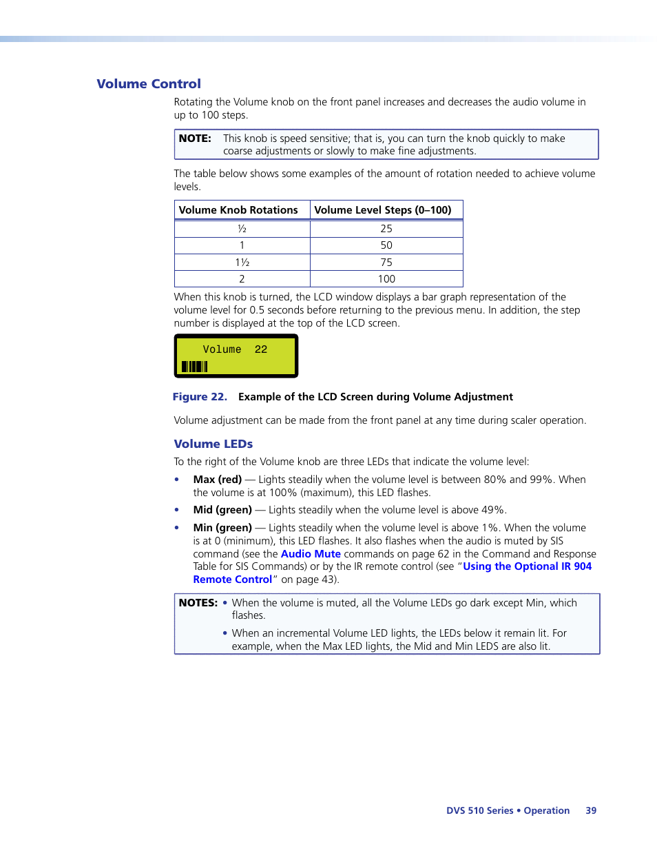 Volume control, Een (see, Olume knob (see | Extron Electronics DVS 510 Series User Guide User Manual | Page 45 / 128