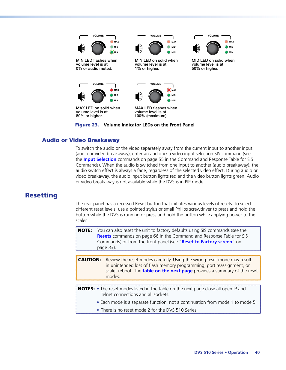 Audio or video breakaway, Resetting | Extron Electronics DVS 510 Series User Guide User Manual | Page 46 / 128