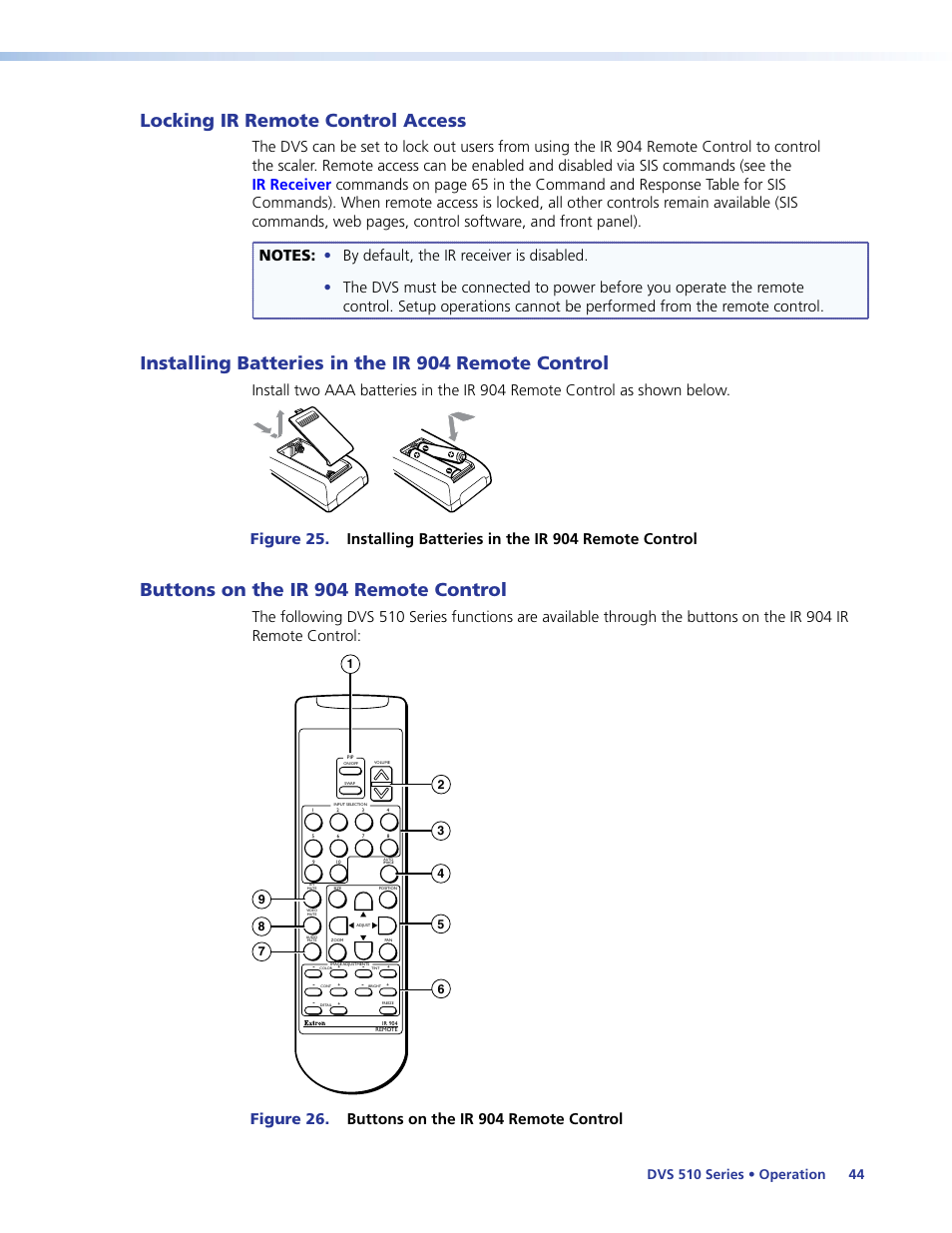 Locking ir remote control access, Installing batteries in the ir 904 remote control, Buttons on the ir 904 remote control | Control | Extron Electronics DVS 510 Series User Guide User Manual | Page 50 / 128