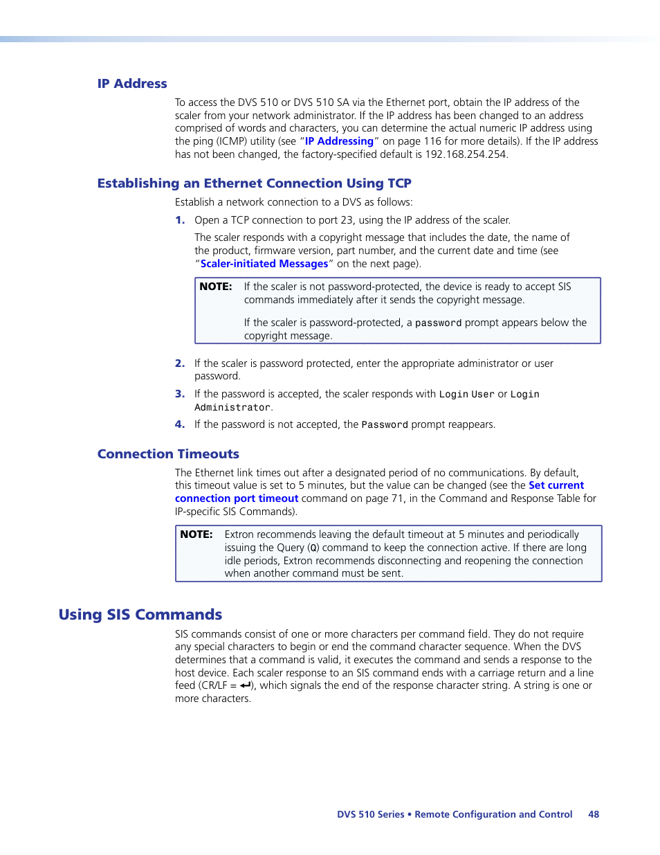 Ip address, Establishing an ethernet connection using tcp, Connection timeouts | Using sis commands | Extron Electronics DVS 510 Series User Guide User Manual | Page 54 / 128