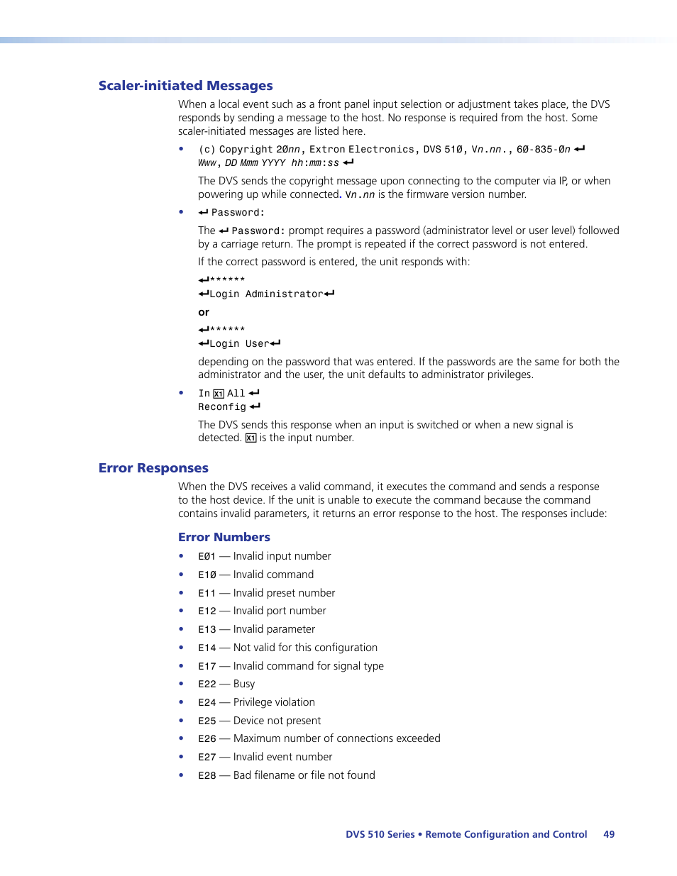 Scaler-initiated messages, Error responses, Scaler-initiated messages error responses | Extron Electronics DVS 510 Series User Guide User Manual | Page 55 / 128