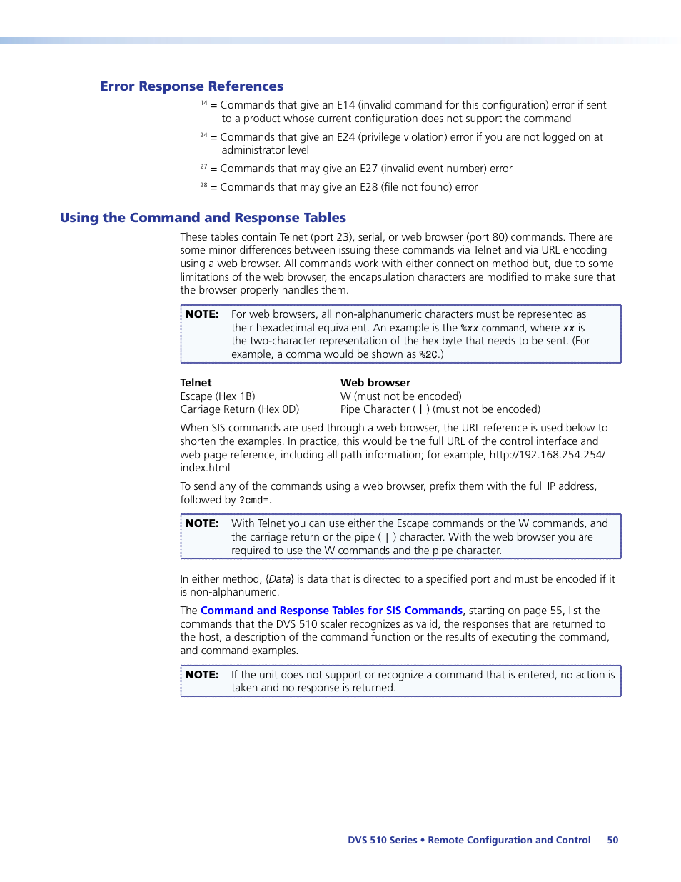 Error response references, Using the command and response tables | Extron Electronics DVS 510 Series User Guide User Manual | Page 56 / 128