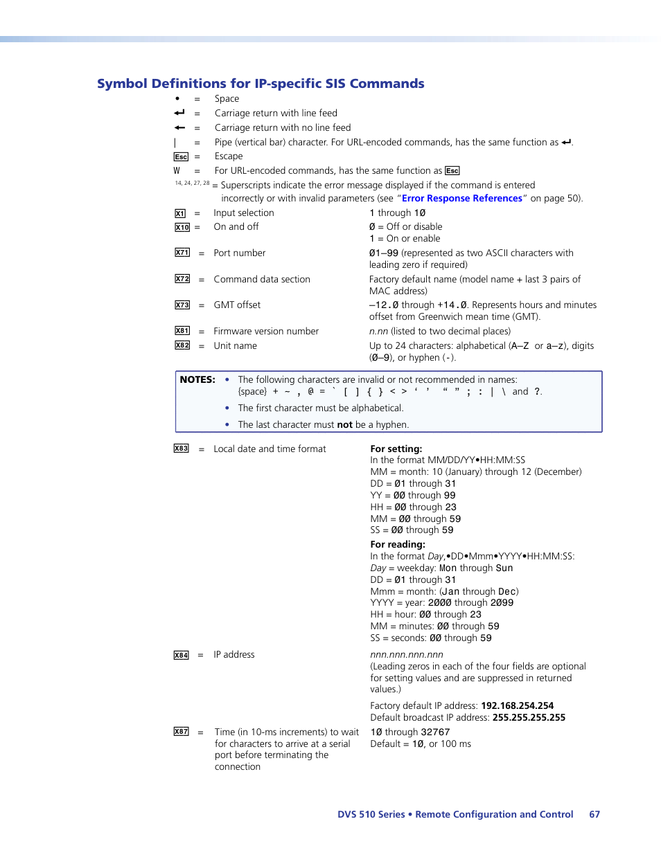 Symbol definitions for ip-specific sis commands, Symbol definitions for ip-specific sis, Commands | Extron Electronics DVS 510 Series User Guide User Manual | Page 73 / 128