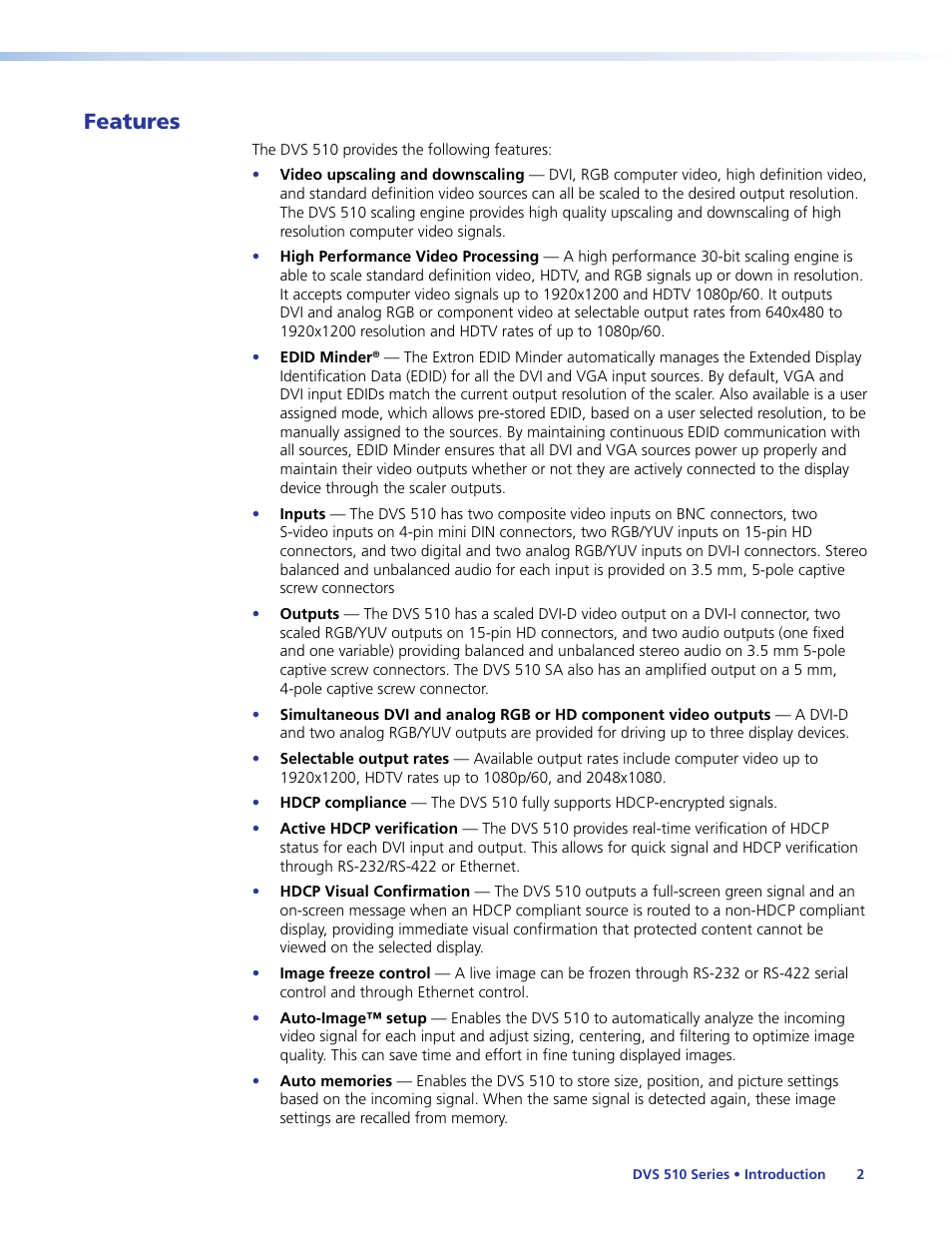 Features | Extron Electronics DVS 510 Series User Guide User Manual | Page 8 / 128