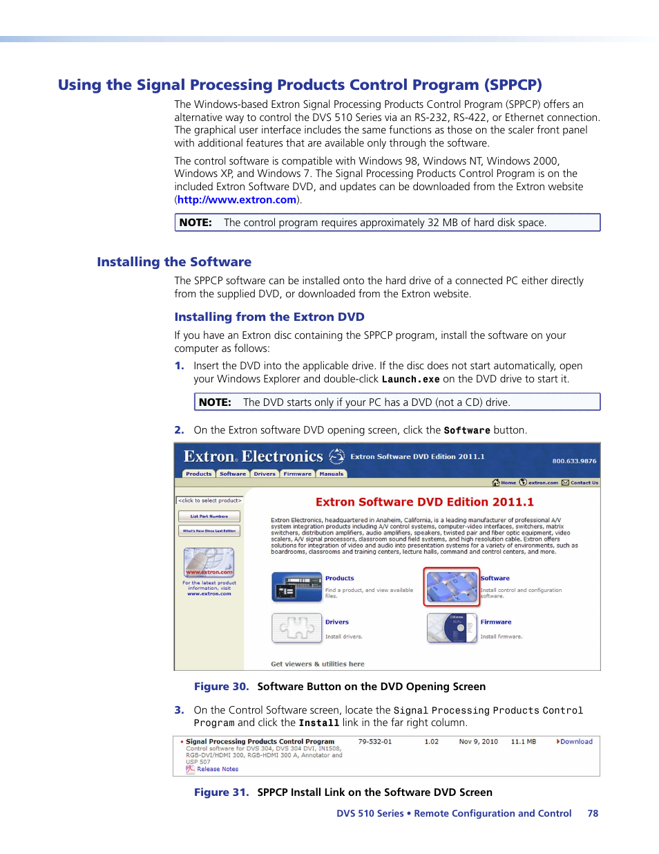 Installing the software, Using the signal processing products control, Program (sppcp) | Extron Electronics DVS 510 Series User Guide User Manual | Page 84 / 128