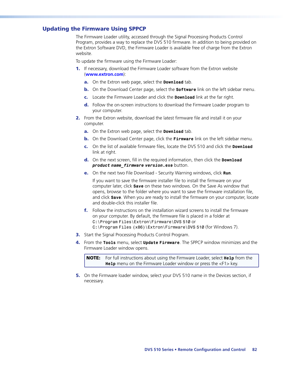 Updating the firmware using sppcp | Extron Electronics DVS 510 Series User Guide User Manual | Page 88 / 128