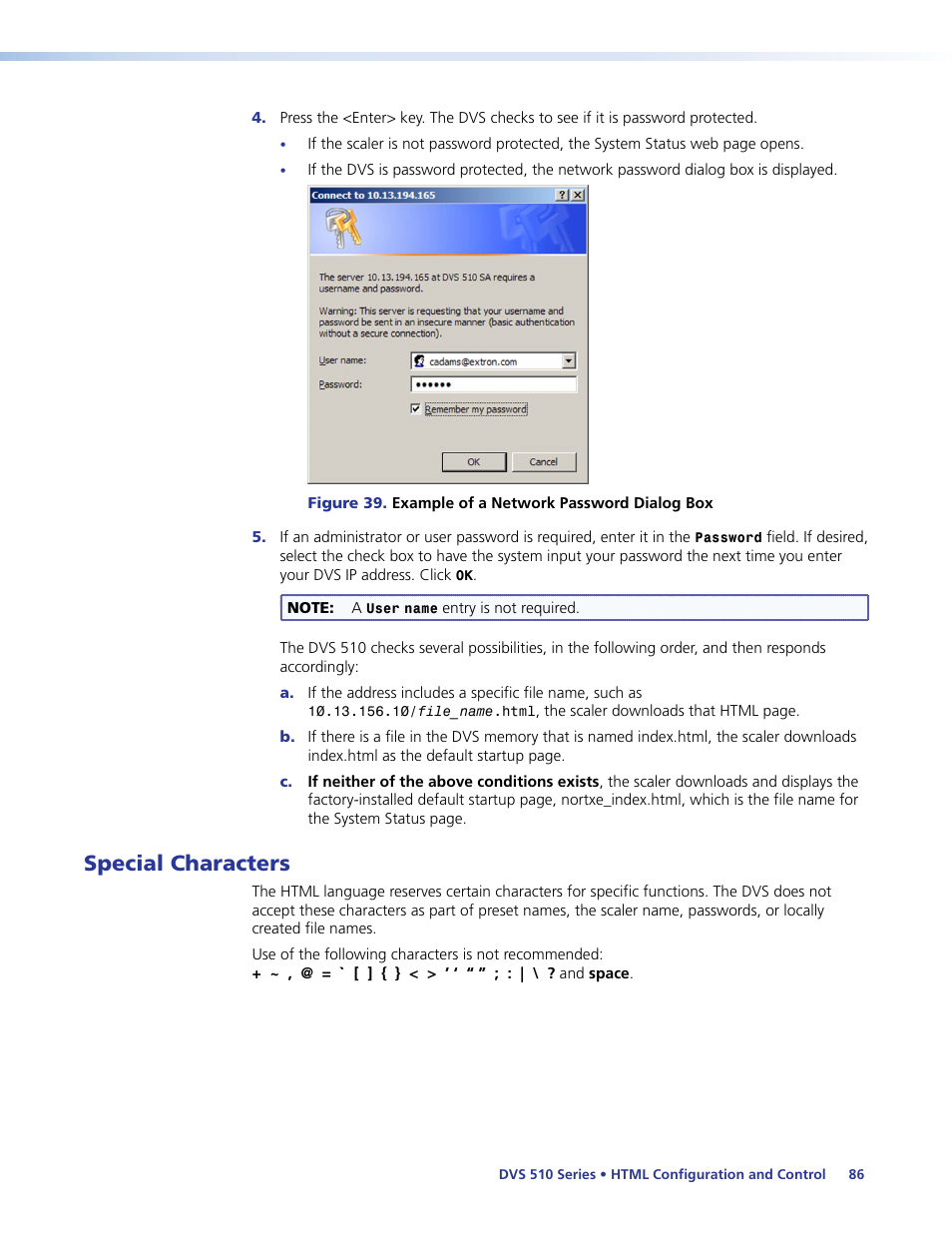 Special characters | Extron Electronics DVS 510 Series User Guide User Manual | Page 92 / 128