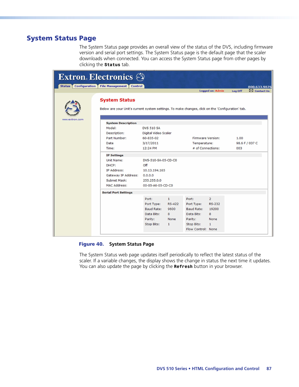 System status page | Extron Electronics DVS 510 Series User Guide User Manual | Page 93 / 128