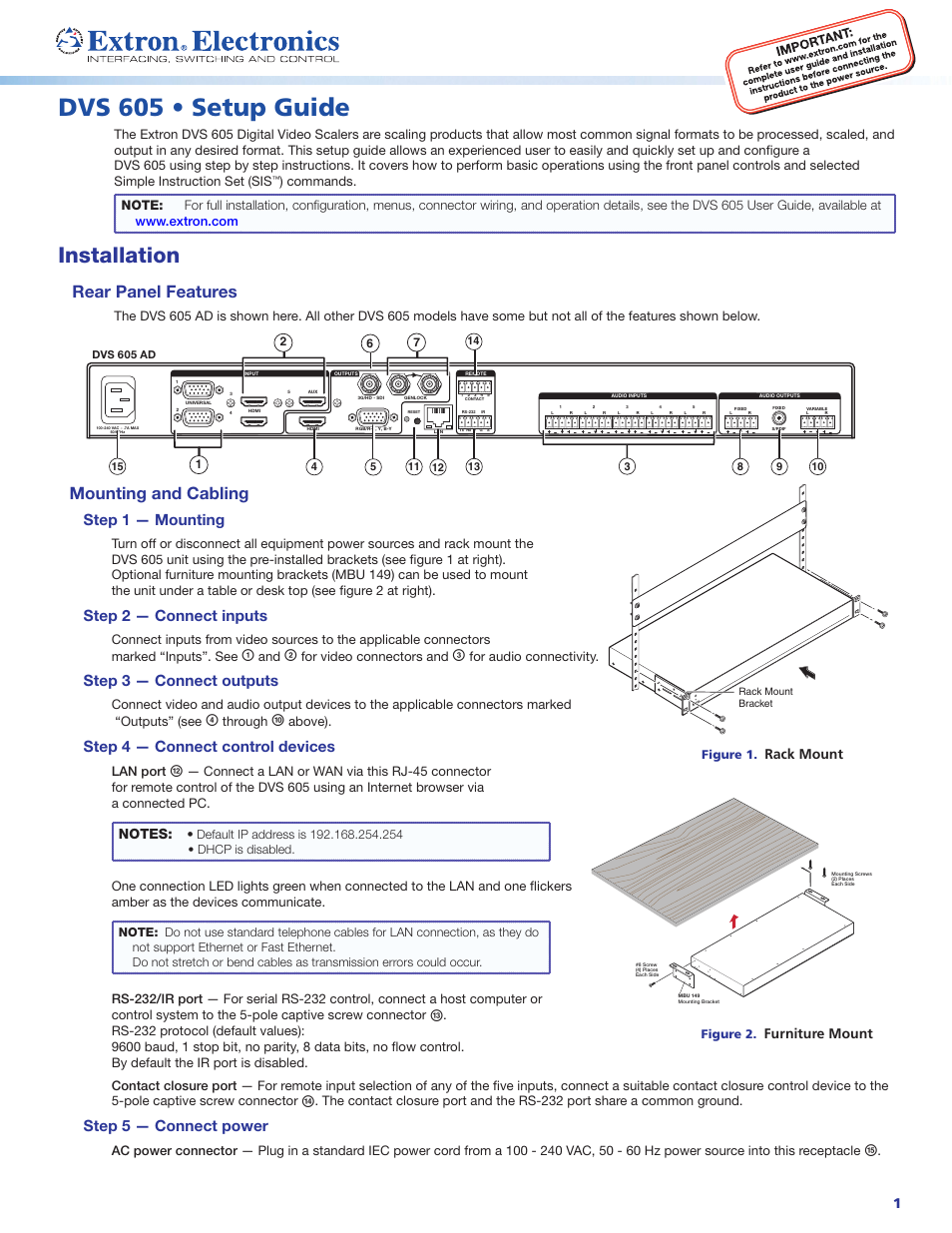 Extron Electronics DVS 605 Setup Guide User Manual | 4 pages