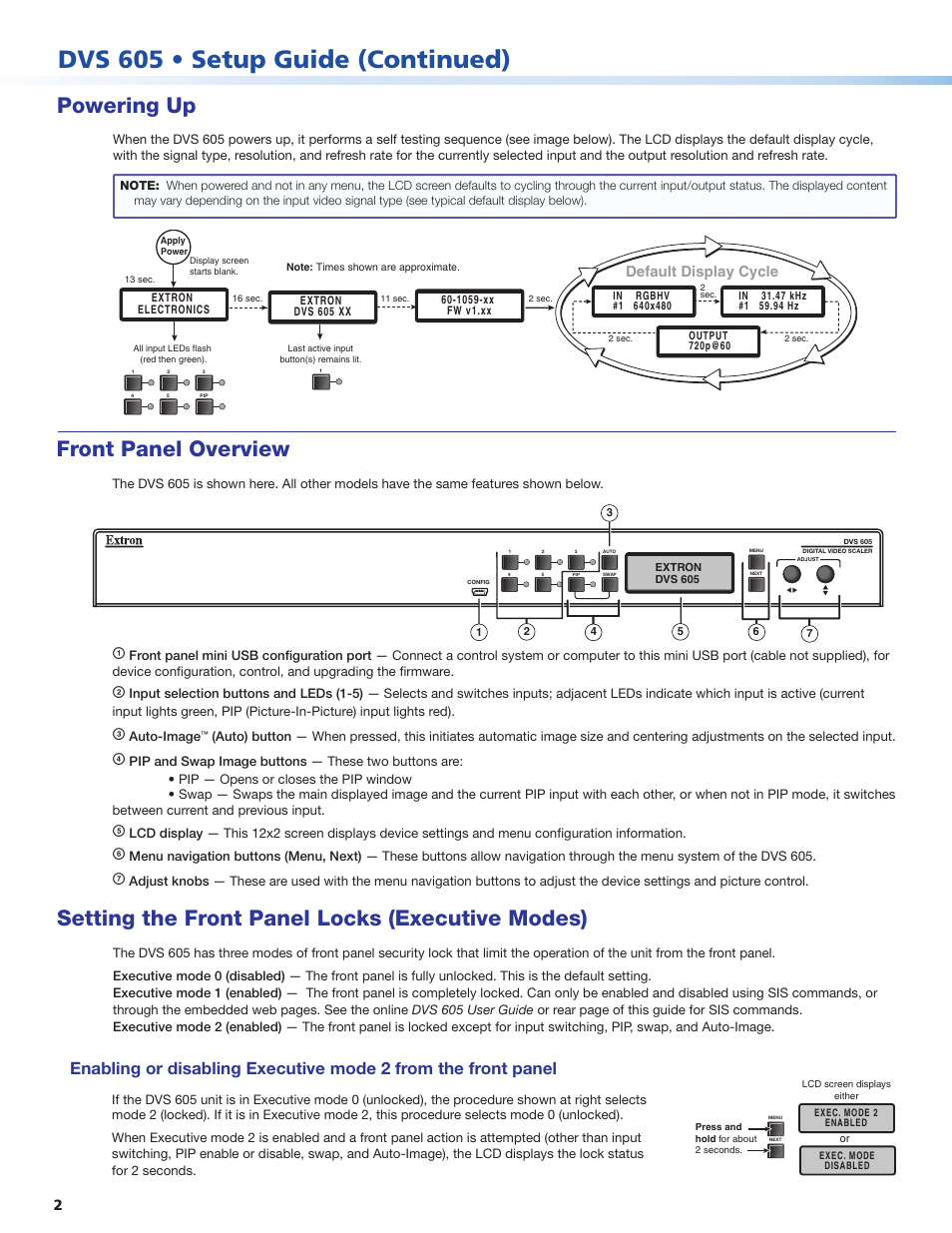 Dvs 605 • setup guide (continued), Setting the front panel locks (executive modes), Powering up | Front panel overview, Default display cycle | Extron Electronics DVS 605 Setup Guide User Manual | Page 2 / 4