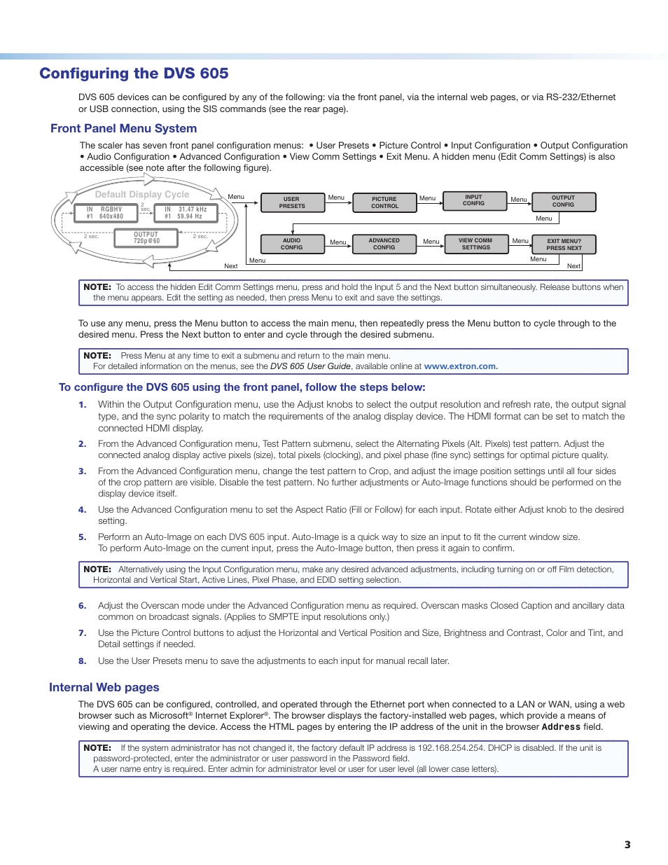 Configuring the dvs 605, Front panel menu system, Internal web pages | Extron Electronics DVS 605 Setup Guide User Manual | Page 3 / 4