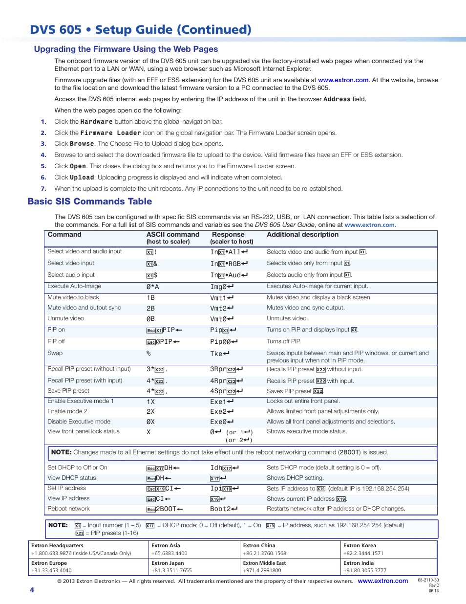 Dvs 605 • setup guide (continued), Basic sis commands table, Upgrading the firmware using the web pages | Extron Electronics DVS 605 Setup Guide User Manual | Page 4 / 4