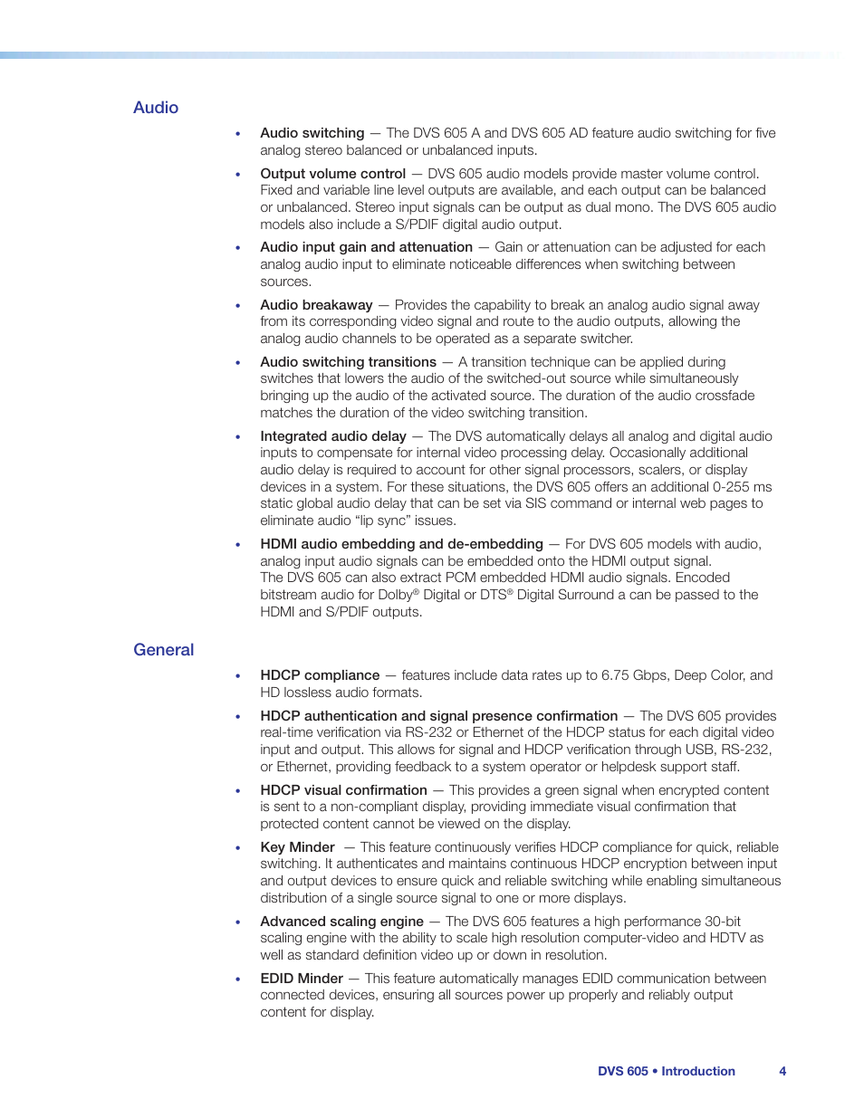 Audio, General, Audio general | Extron Electronics DVS 605 User Guide User Manual | Page 10 / 98