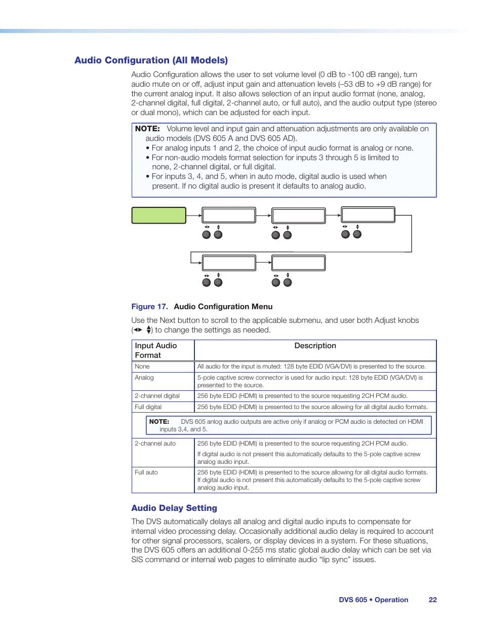 Audio configuration (all models), Audio delay setting | Extron Electronics DVS 605 User Guide User Manual | Page 28 / 98