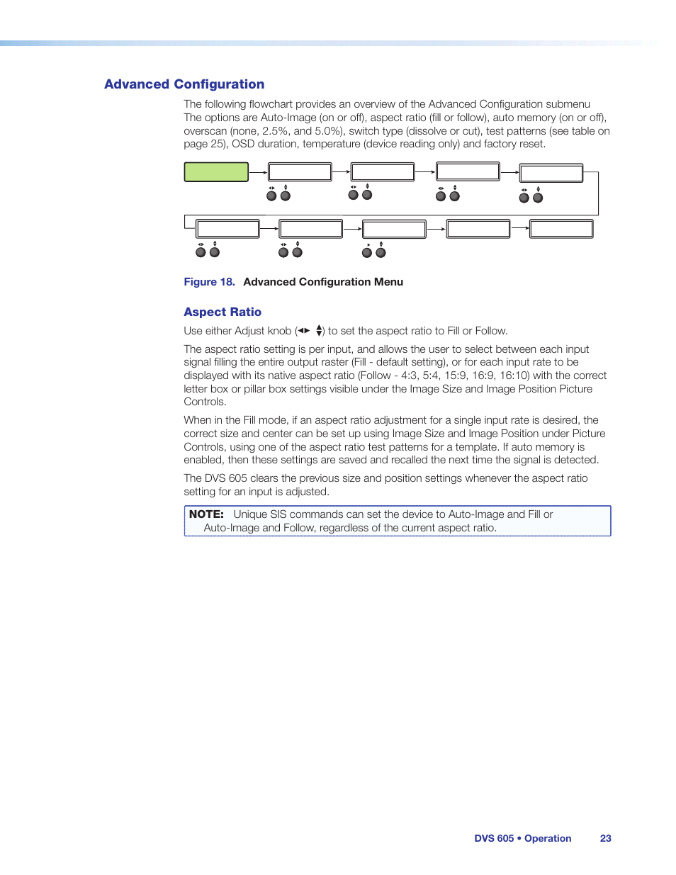 Advanced configuration, Aspect ratio, Figure 18. advanced configuration menu | Extron Electronics DVS 605 User Guide User Manual | Page 29 / 98