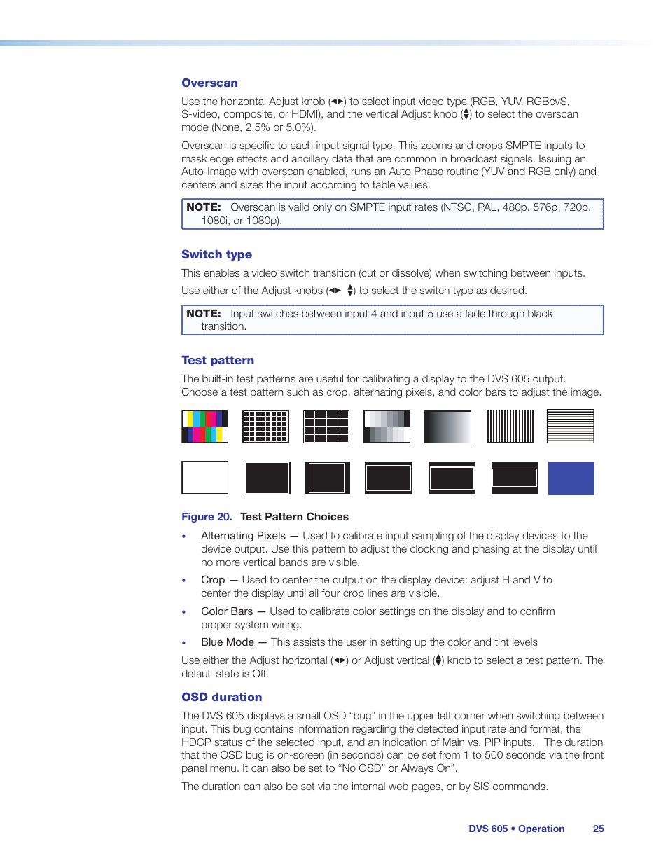 Overscan, Switch type, Test pattern | Osd duration | Extron Electronics DVS 605 User Guide User Manual | Page 31 / 98