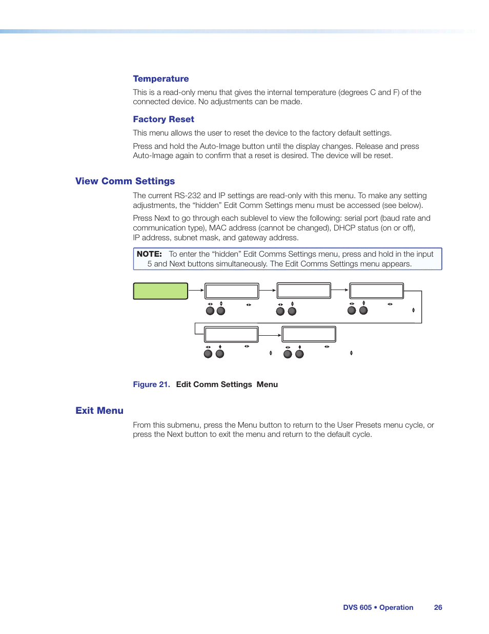 View comm settings, Exit menu, View comm settings exit menu | Front panel lockout (executive modes), Temperature, Factory reset | Extron Electronics DVS 605 User Guide User Manual | Page 32 / 98