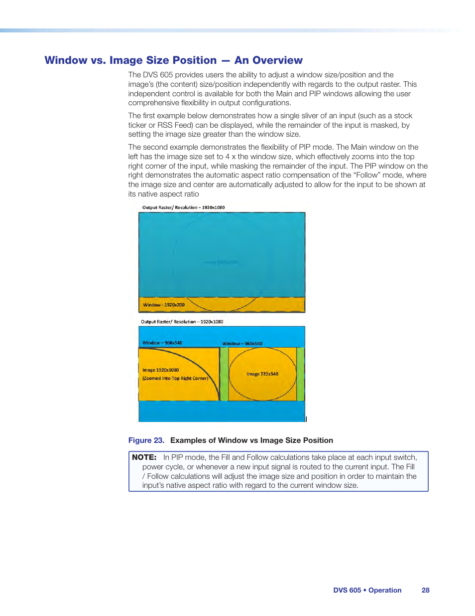 Window vs. image size position — an overview, Window vs. image size position — an overview 28 | Extron Electronics DVS 605 User Guide User Manual | Page 34 / 98