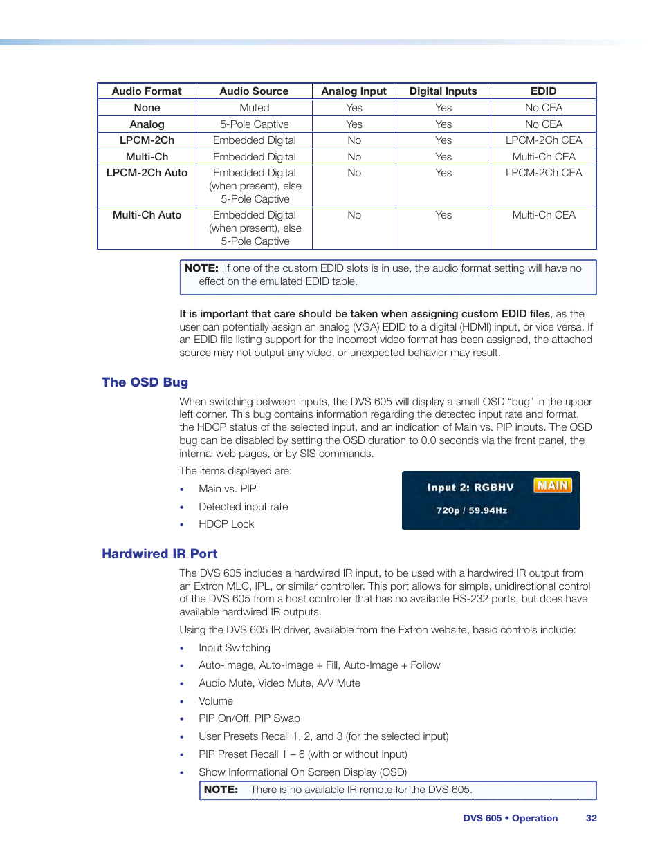 The osd bug, Hardwired ir port, The osd bug hardwired ir port | Extron Electronics DVS 605 User Guide User Manual | Page 38 / 98