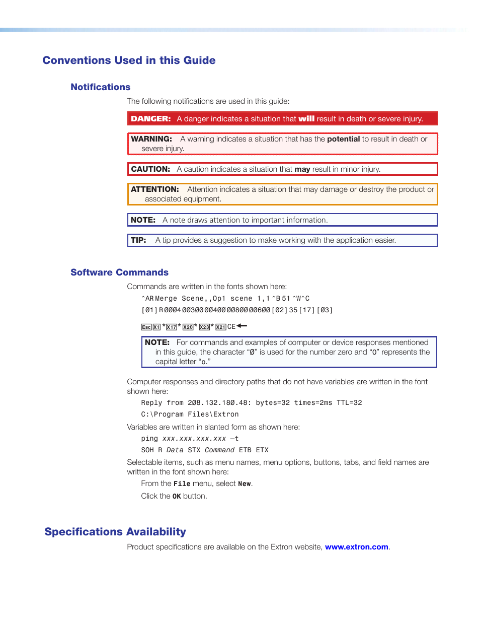 Conventions used, Conventions used in this guide, Specifications availability | Extron Electronics DVS 605 User Guide User Manual | Page 4 / 98