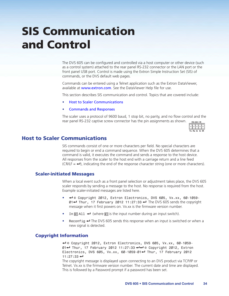 Sis communication and control, Host to scaler communications, Scaler-initiated messages | Copyright information, Scaler‑initiated messages copyright information, Instruction set (sis) of commands (see, Starting on, Sis communication and, Control, For command details | Extron Electronics DVS 605 User Guide User Manual | Page 40 / 98