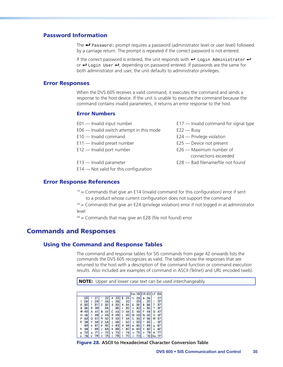 Password information, Error responses, Error response references | Commands and responses, Using the command and response tables | Extron Electronics DVS 605 User Guide User Manual | Page 41 / 98