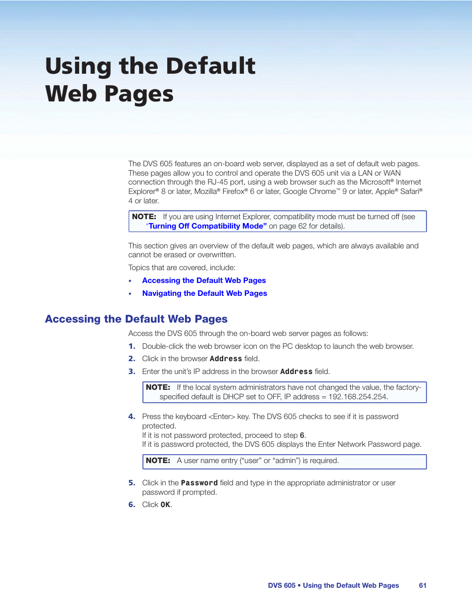 Using the default web pages, Accessing the default web pages | Extron Electronics DVS 605 User Guide User Manual | Page 67 / 98