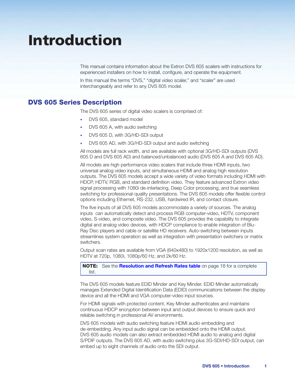 Introduction, Dvs 605 series description | Extron Electronics DVS 605 User Guide User Manual | Page 7 / 98