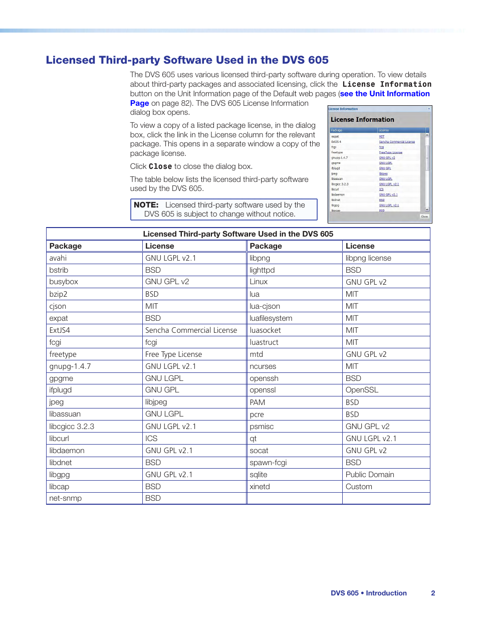 Licensed third-party software used in the dvs 605, Licensed third‑party software used in the dvs | Extron Electronics DVS 605 User Guide User Manual | Page 8 / 98