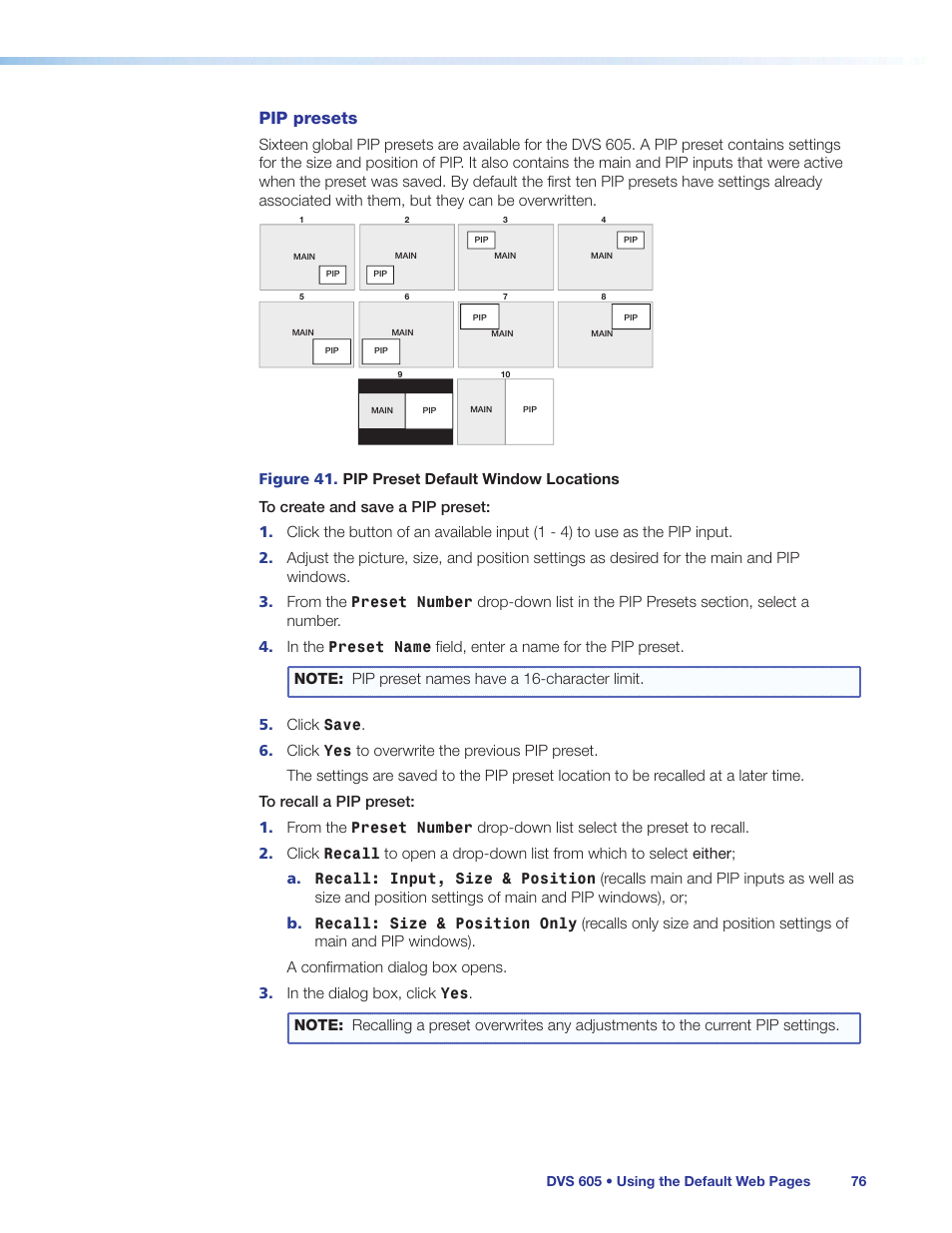 Pip presets | Extron Electronics DVS 605 User Guide User Manual | Page 82 / 98