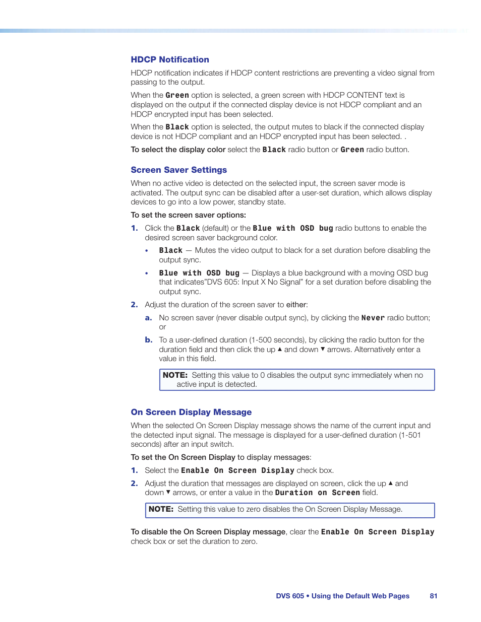 Screen saver settings | Extron Electronics DVS 605 User Guide User Manual | Page 87 / 98
