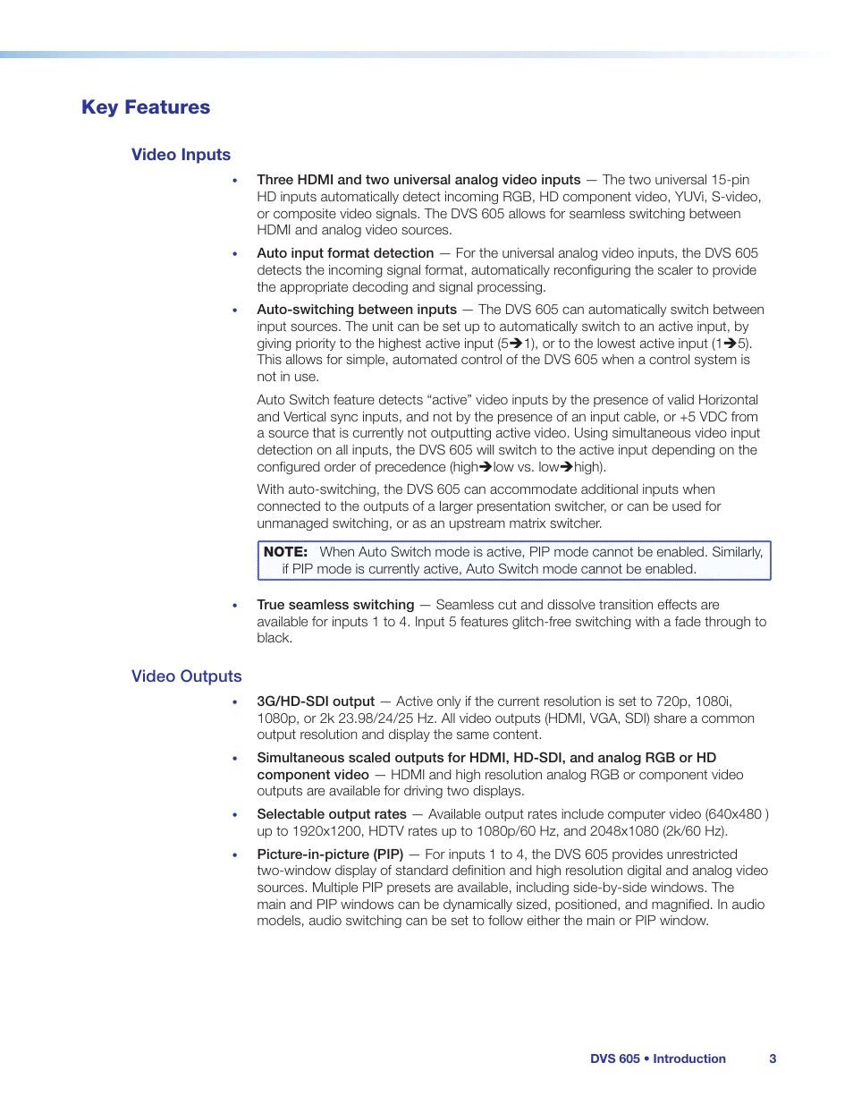 Key features, Video inputs, Video outputs | Video inputs video outputs | Extron Electronics DVS 605 User Guide User Manual | Page 9 / 98