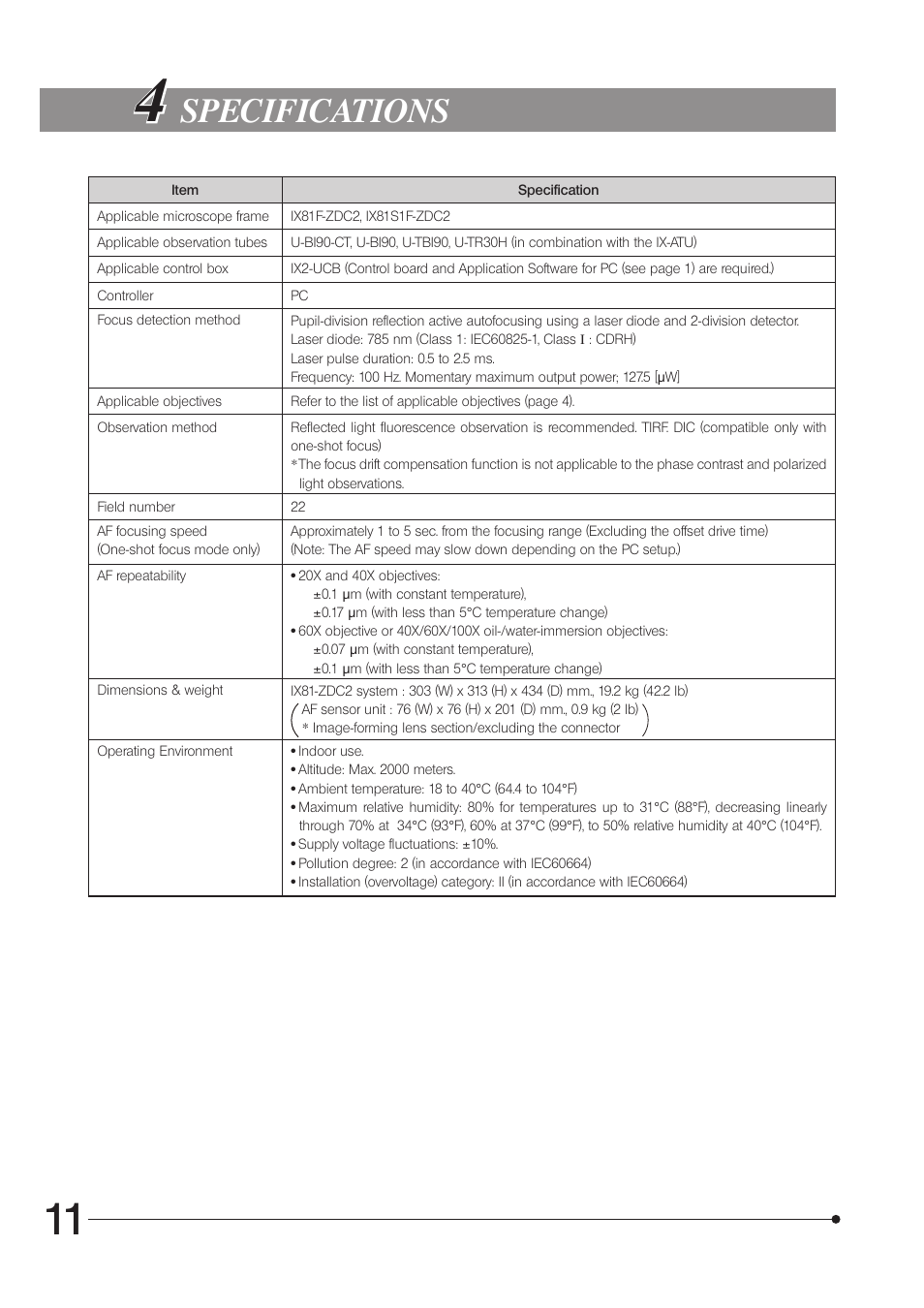 Specifications | Olympus IX81-ZDC2 User Manual | Page 14 / 16