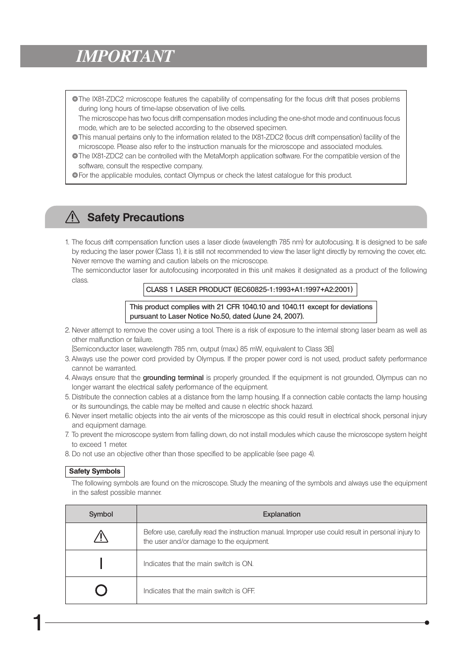 Ax7906_inst7, Important, Safety precautions | Olympus IX81-ZDC2 User Manual | Page 4 / 16